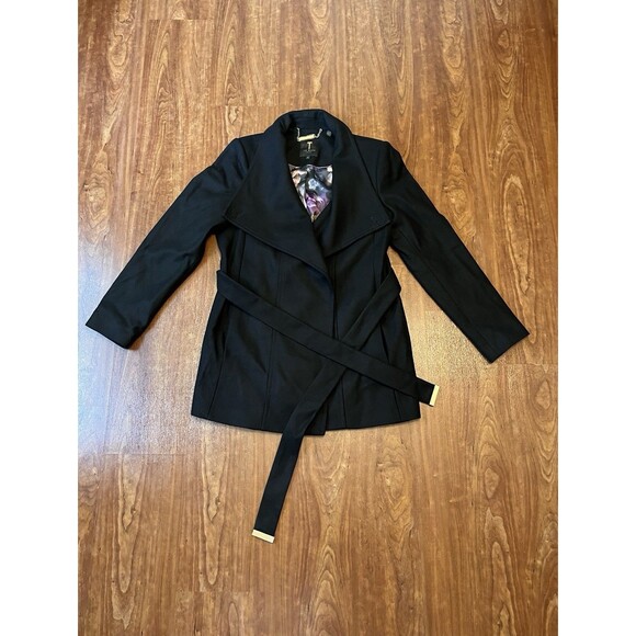 Ted Baker Women's Black Paria Wool Cashmere Short Wrap Coat Belted Overcoat Sz 4 - Picture 1 of 9